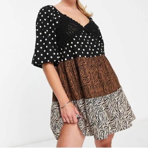 ASOS Dresses & Skirts - ASOS DESIGN crochet tiered babydoll mini dress in mixed animal